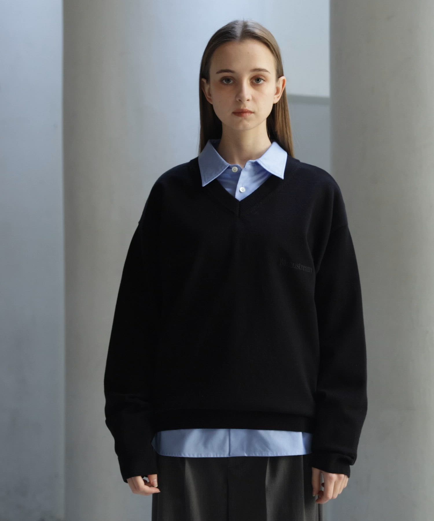 CLEL】Basic Embroidered V-Neck Knit / ベーシック 刺繍Vネックニット