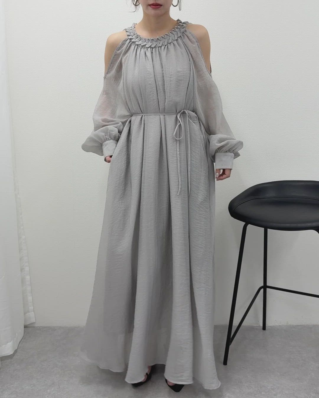 open shoulder gather long dress /オープンショルダーギャザー ロング