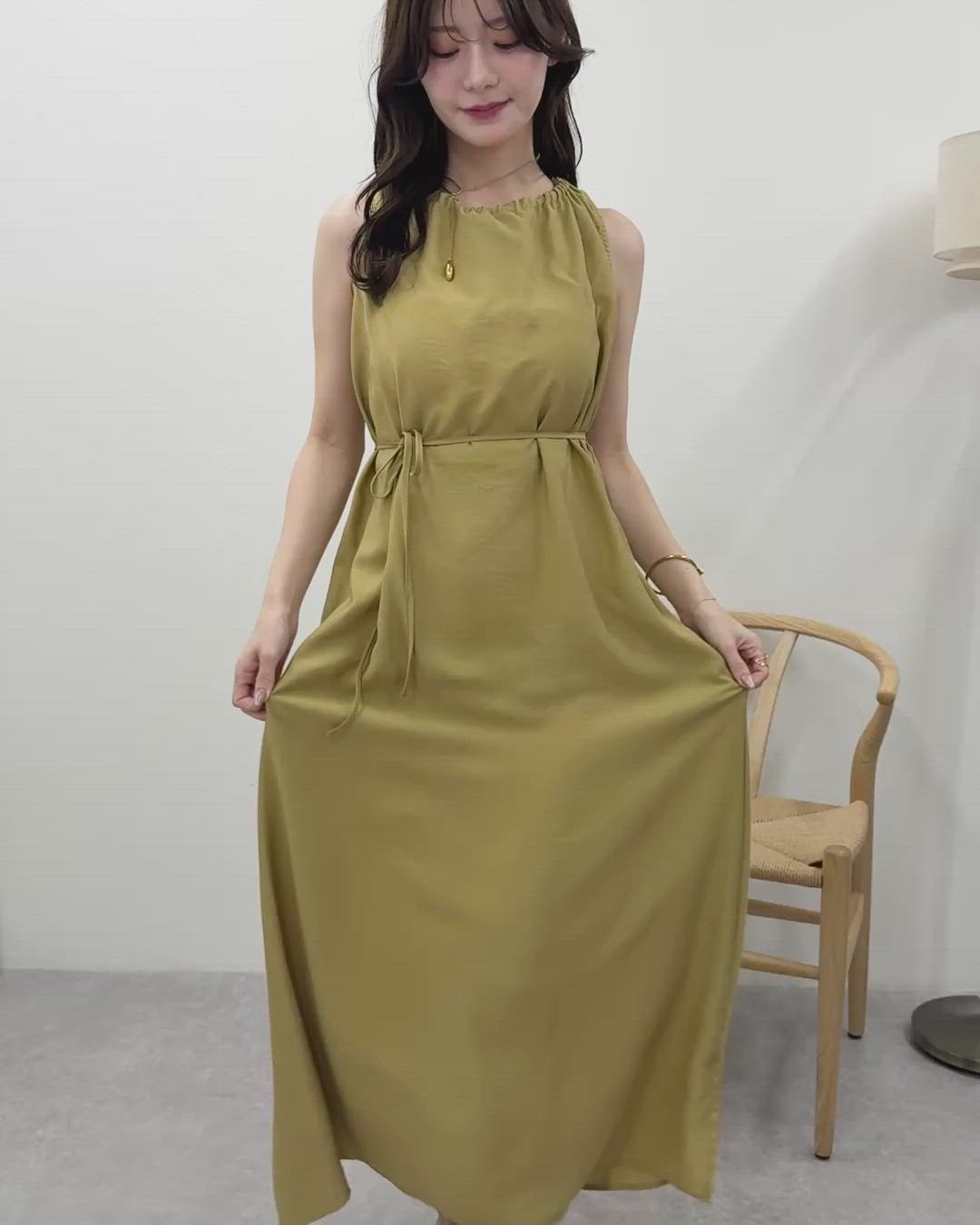 back ribbon sleeveless long dress /ギャザー ネックバッグリボン