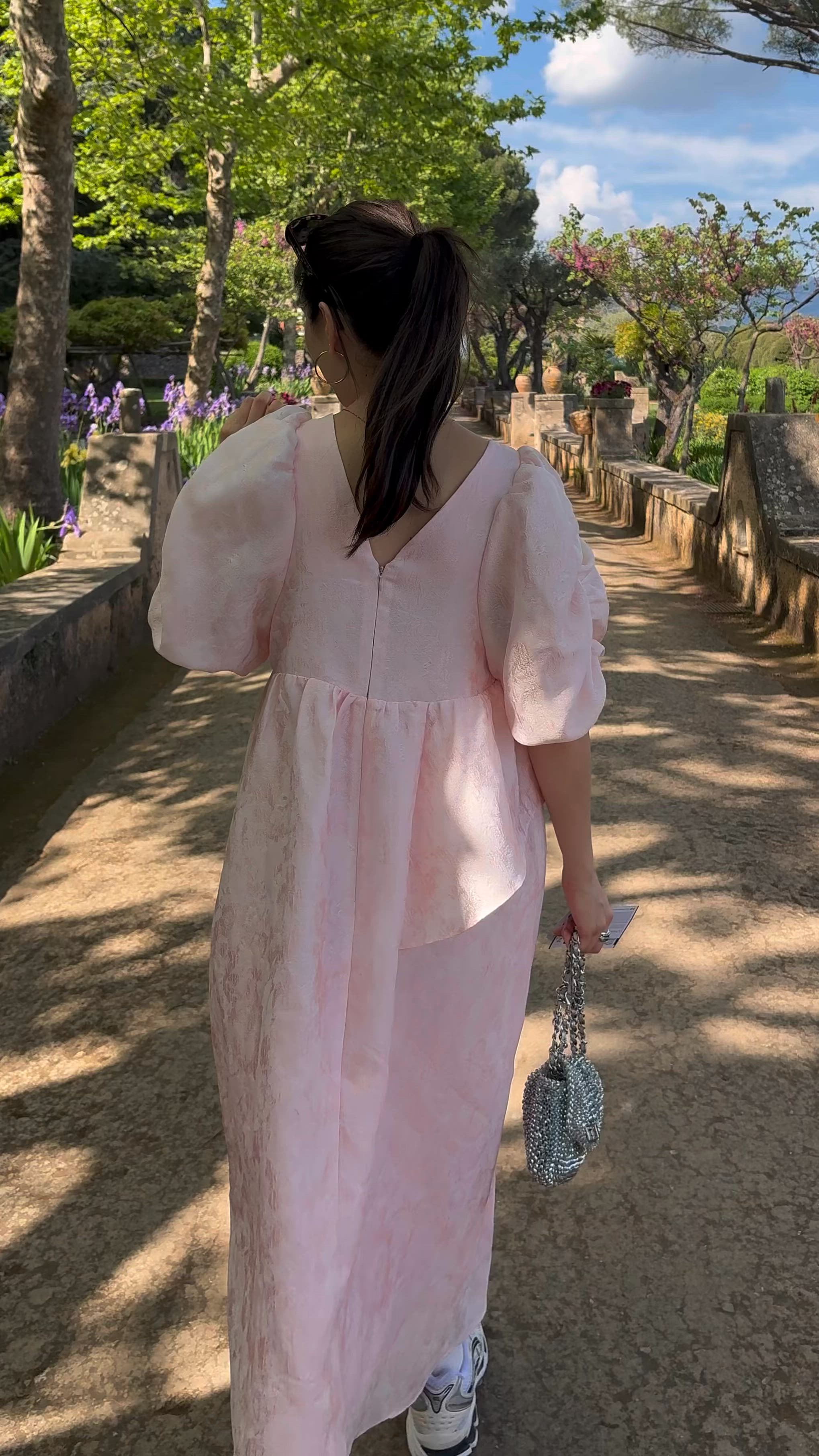 ANDRESD バブルスリーブジャガードドレス オケージョンドレス　ピンク バブルスリーブジャガードドレス / bubble sleeve jacquard dress