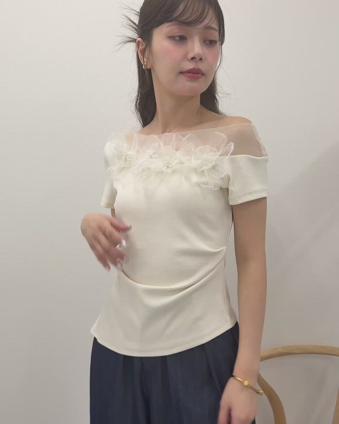 flower motif sheer tops /異素材 フラワー モチーフ 半袖 トップス（T