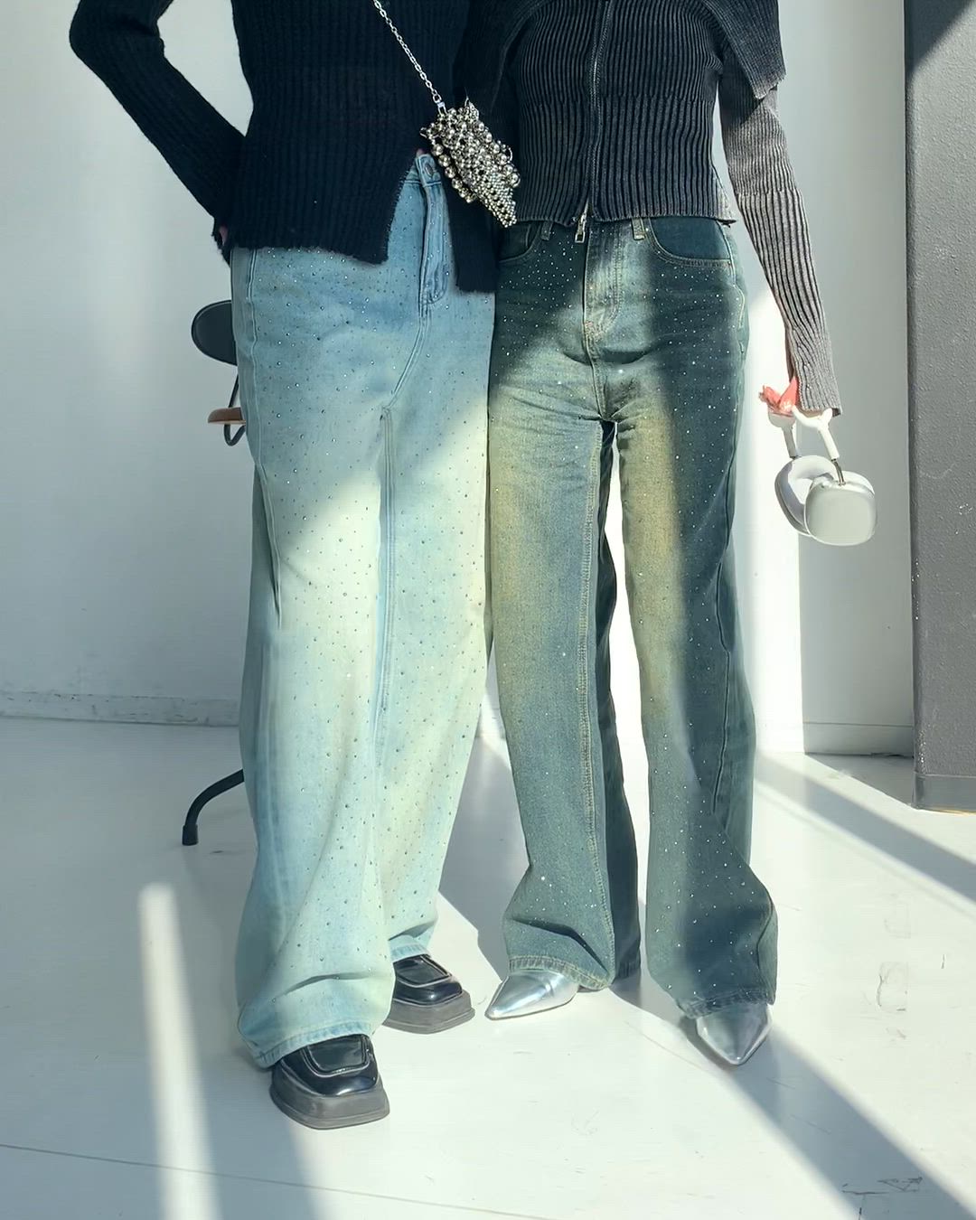 SNSで話題のキラキラデニム!】オーロララインストーン付きヴィンテージ
