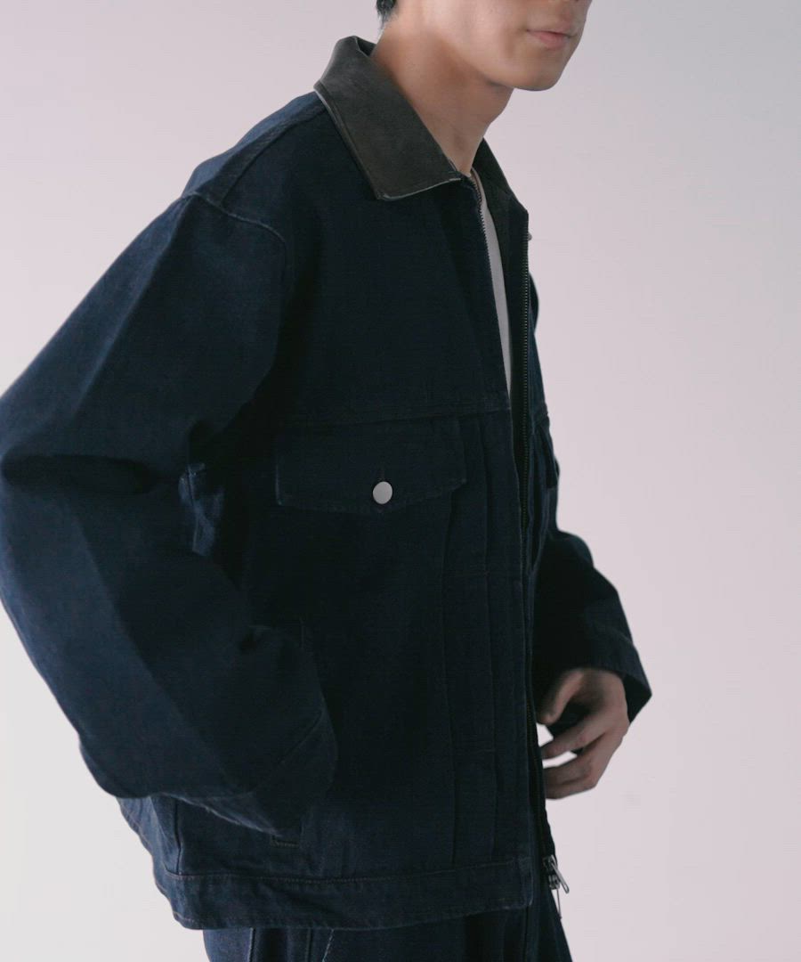 LURAKU】Leather Collar Zip-Up Denim Jacket / 襟レザージップアップ