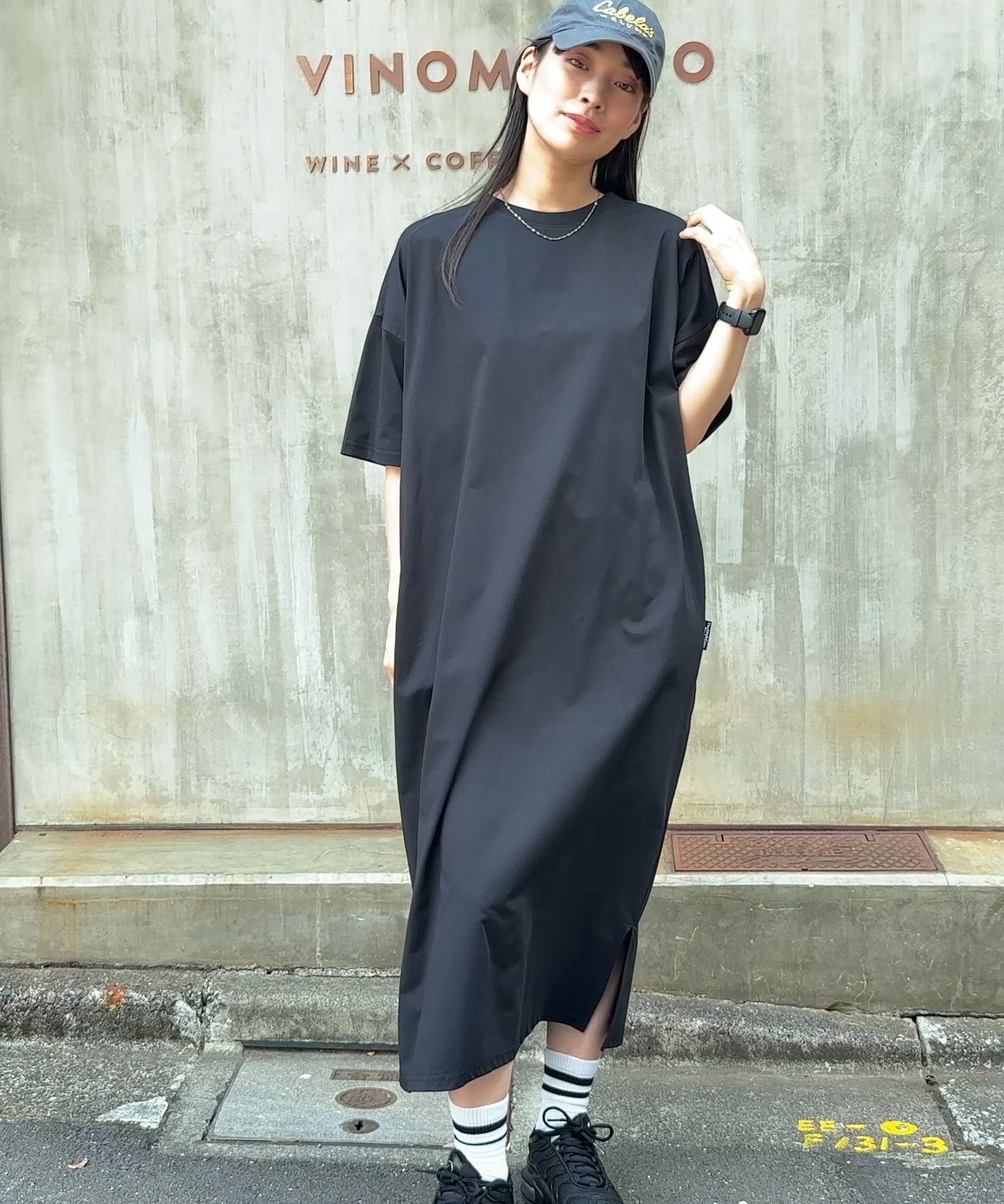 クイックドライ＞ビッグシルエット ストレッチTシャツロングワンピース
