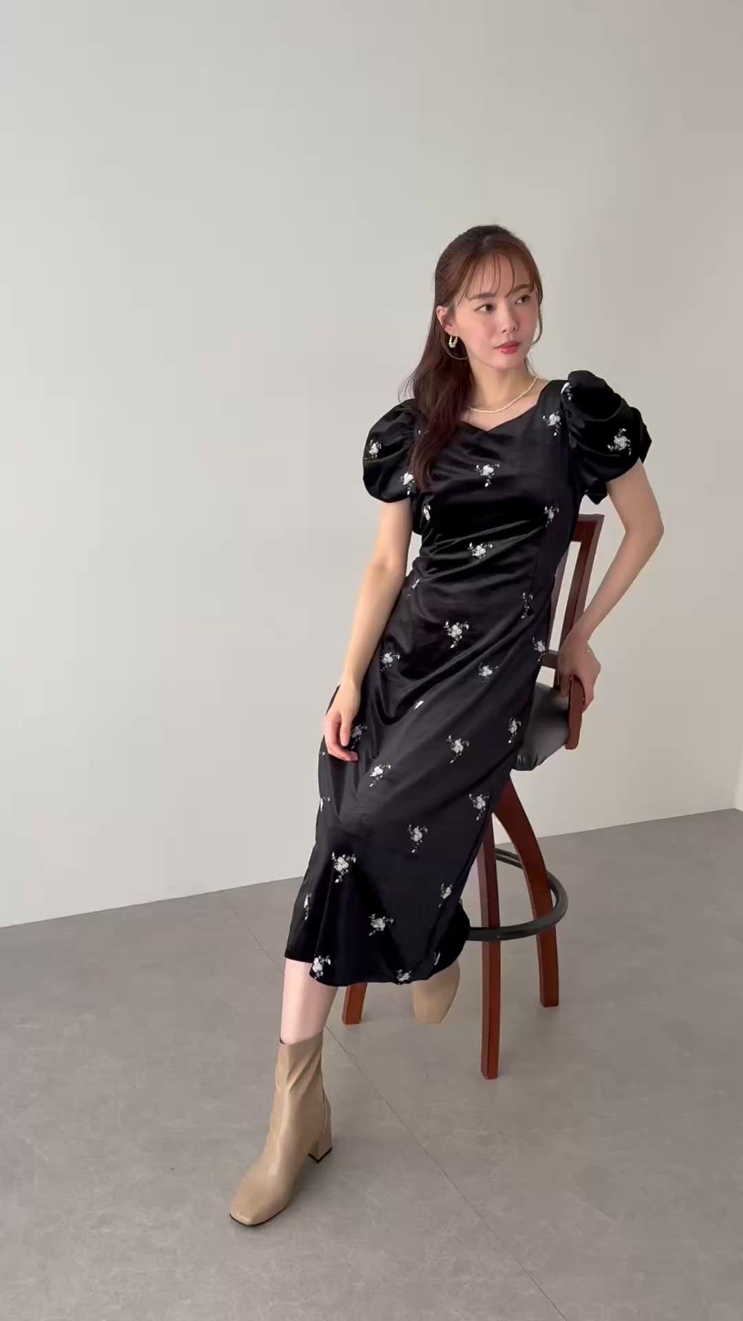 フラワー刺繍ハートネックベロアワンピース 結婚式 成人式 二次会