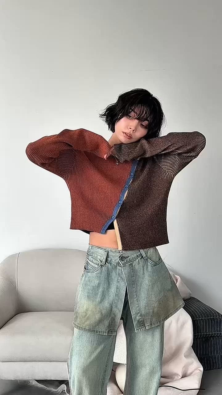 アシンメトリーMIX配色リブニットカーディガン/新色追加（カーディガン