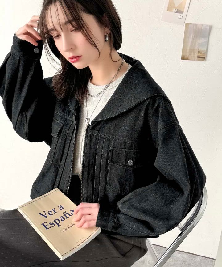 セール】1枚で旬顔コーデ♪綿100％セーラーカラージップアップデニム