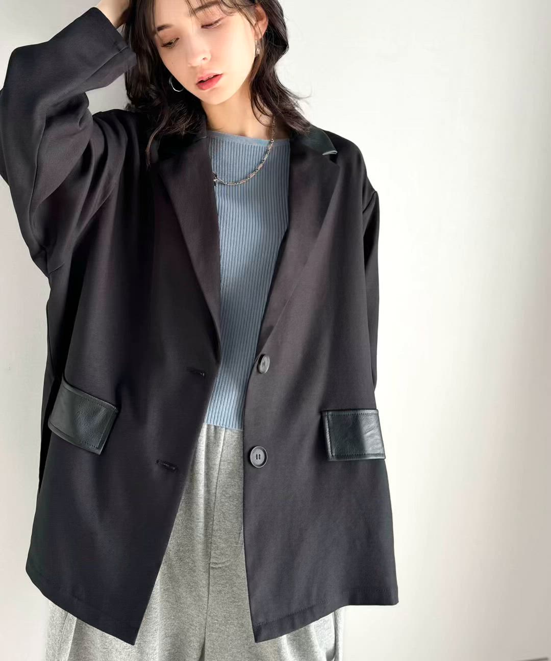 セール】トレンドコーデに活躍☆レザーライク切替オーバーサイズ