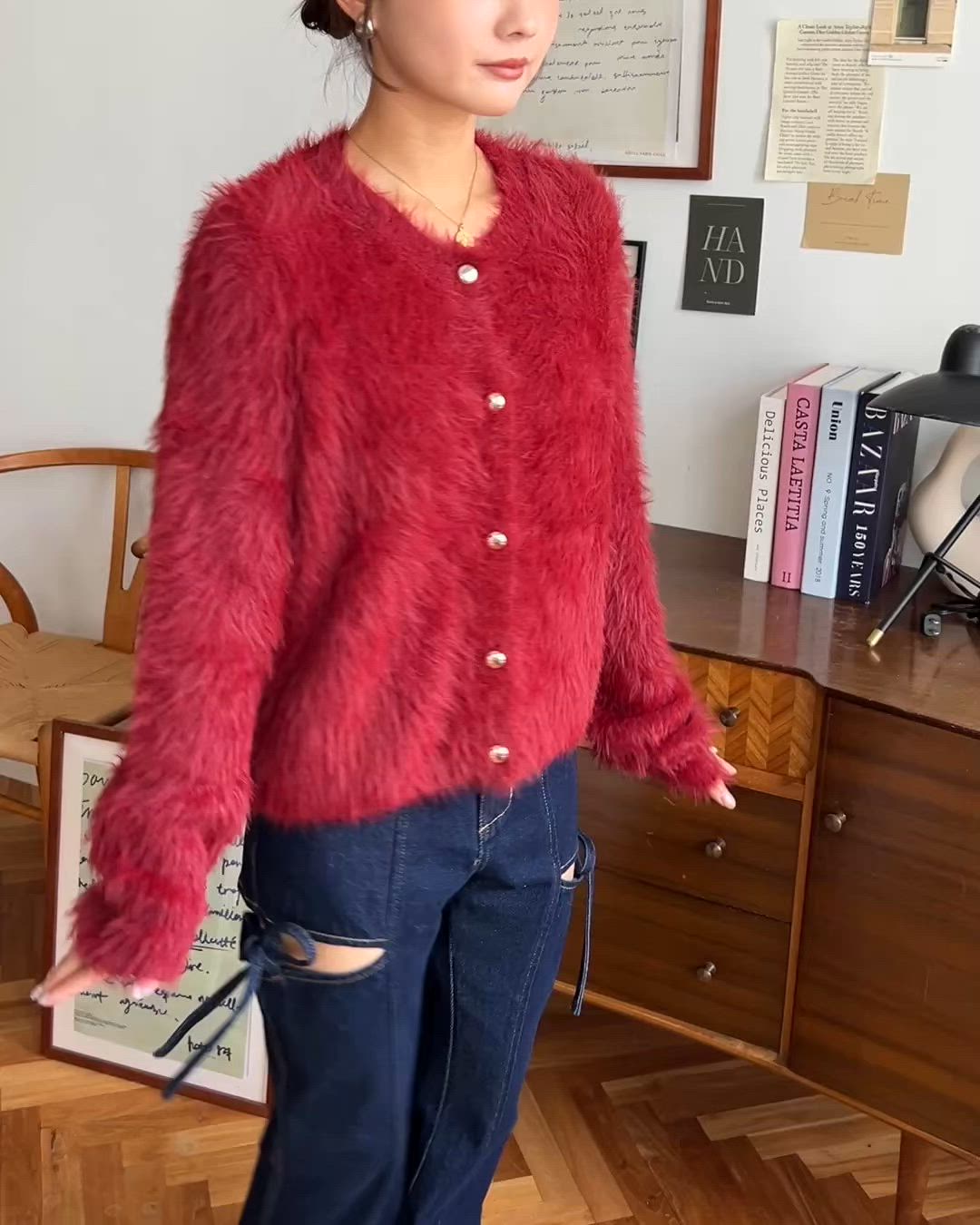 セール】金ボタンロングフェザーショート丈ニットカーディガン