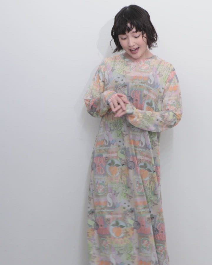 162662：4柄展開 ロングスリーブソフトチュールワンピース（ワンピース